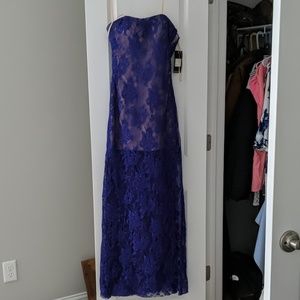 NWT La Femme Blue Lace Strapless Gown